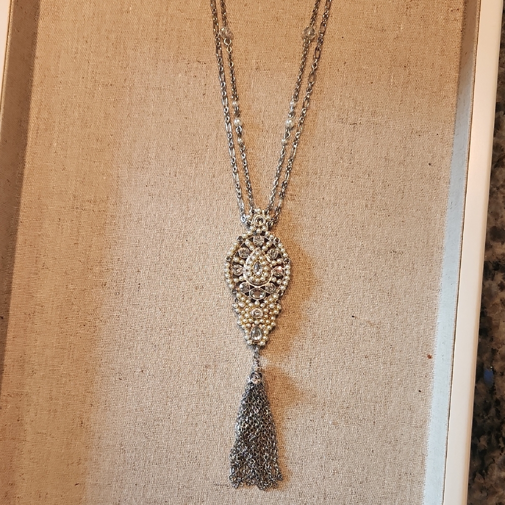 White House Black Market Silver Filigree Tassel Necklace